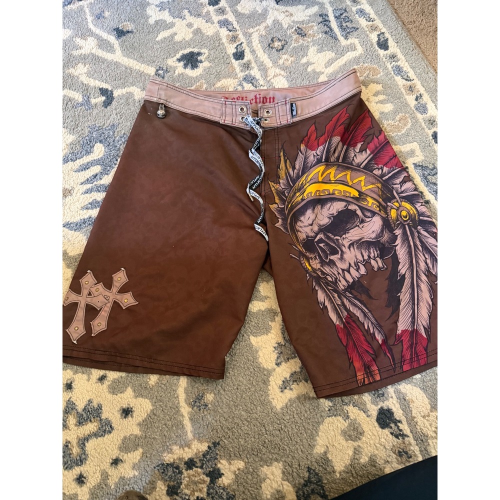 Affliction Mens Skull Headdress Board Shorts Brown MMA Surf Swim Trunks Cross